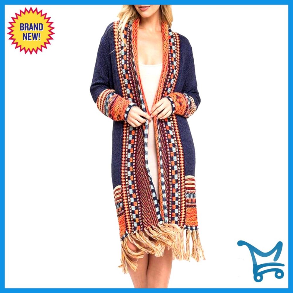 Oversized Boho Cardigan Sweater Long Open Front Maxi Knit Tassel Fringe Thin